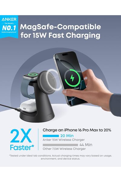 Anker شاحن لاسلكي مغناطيسي MagGo (حامل قفص الاتهام)، 3 في 1 معتمد من Qi2، سلك متوافق مع MagSafe بقوة 15 وات