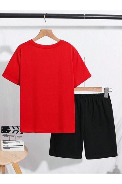 buendiakids Girl'S\Boy's Red-Black Explore Printed Combed Cotton Shorts-Tshirt Set