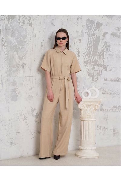 Zerenyus Belted Shirt Collar Casual Jumpsuit Beige