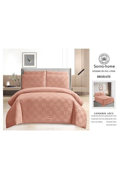 sonia home damasc Embroidered Cotton Bed Linen, Square Design, 6 Pieces - Sonia Home Design - Salmon