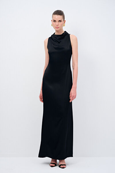 adL Night Zoom Dantel Detaylı Saten Uzun Elbise