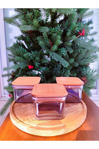 Madame Coco Kaviera Wooden Lid Storage Container Set of 3 - 500ml - Smoked