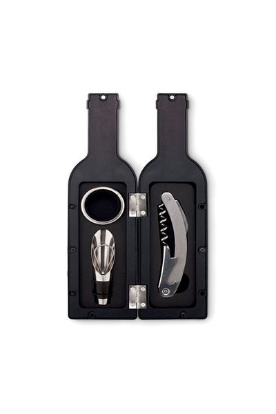 wei inox Set of 4 wine accessories, bottle-shaped packaging, metal, 24x6 cm