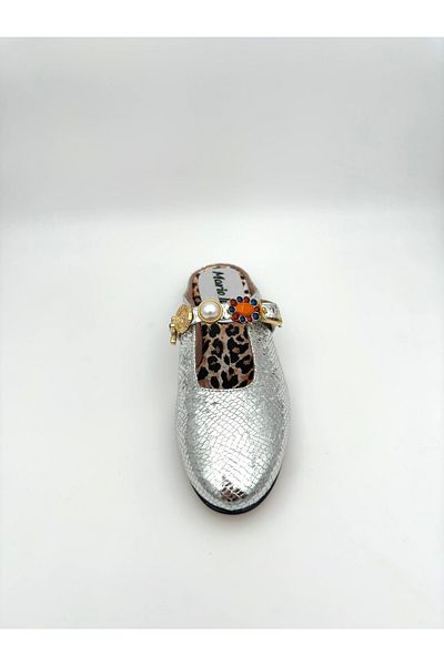 Mariolucci Women's Daily Stone Accessory Slippers (Leopard) Genuine Silver Snake Textured Leather