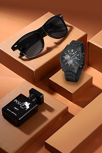 Polo Air Premium Set Kombin Erkek Kol Saati Parfüm Gözlük Set Siyah Renk PL-7...