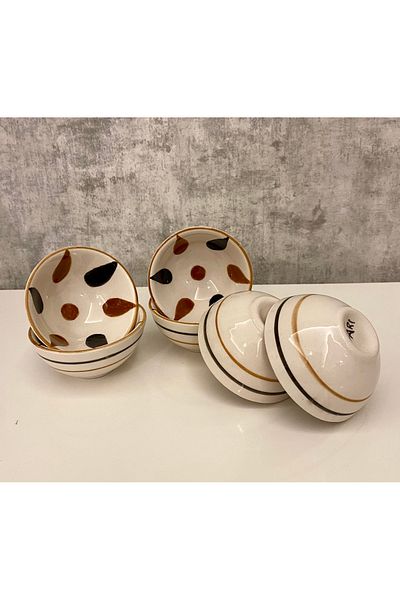arı çini seramik 6 Pieces Special Handmade Patterned Ceramic Snack Bowl Sauce Bowl Jam Bowl Breakfast Bowl Presentation Bowl