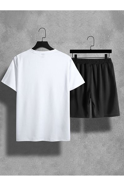 LUNAVISTA Men's Short-Sleeved Round Neck Lion Print T-Shirt and Lace-Up Waist Shorts