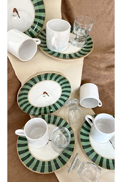 Erbaşlar Love Bird Green Coffee Side Cup 18 Piece Coffee Cup Set for 6 People, Set