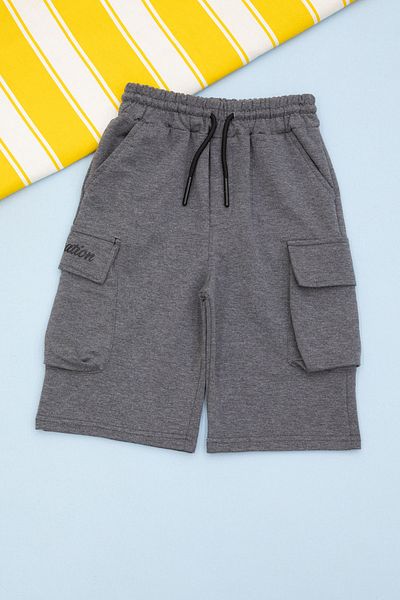 Cansın Mini Anthracite Pocket Text Printed Elastic Waist Boys Shorts 21163