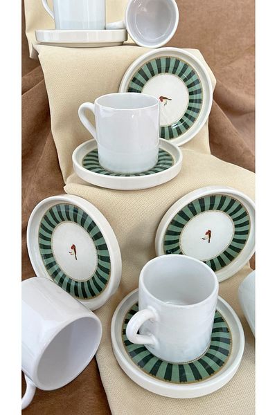 Erbaşlar Love Bird Green Series 12 Piece Luxury Ceramic Coffee Cup Set Turkish Coffee Cup