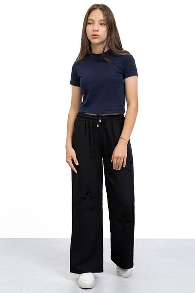 Cansın Mini Black Star Embroidered Wide Leg Comfortable Fabric Girls' Trousers 21146