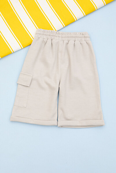 Cansın Mini Krem Beli Lastikli Jogger Kumaş Tek Kargo Cepli Erkek Çocuk Şort 21156