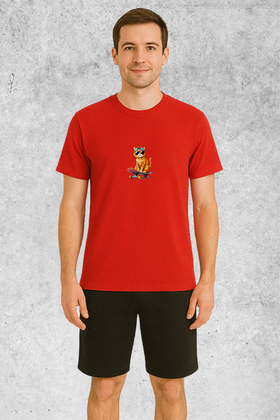 MOLICO Basic Unisex Crew Neck Short Sleeve Skateboarding Cat Printed Tshirt