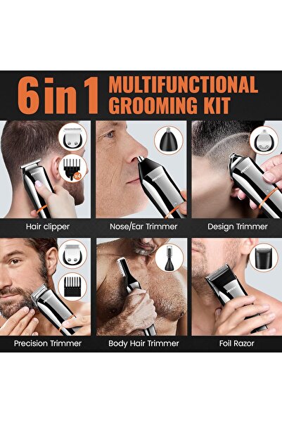 Pritech 6-in-1 Hair Clippers & Beard Trimmer Kit, USB Rechargeable (Silver)