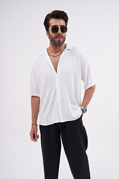 PENGORA Men's Summer Textured Oversized Short Sleeve Shirt White