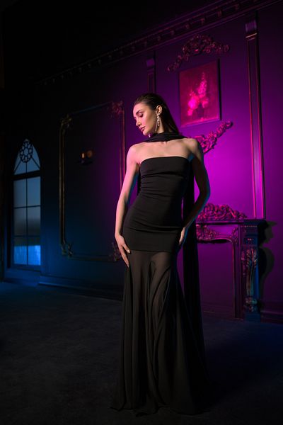 Gira official Black Strapless Chiffon Skirt Detailed Long Dress