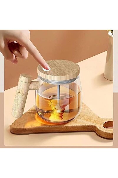 wei inox Coffee mug, with mixer, electric, glass/wood, 400 ml