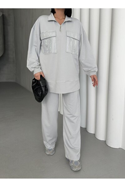 Basicpark Painted Gray Women's Oversized Half Zipper Closure Pocket over Stone Loose Leg Cotton Knitted Bottom Top Set