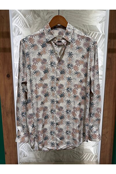 cemden Erkek Uzun Kollu Çiçek Desenli Bej Yazlık Gömlek