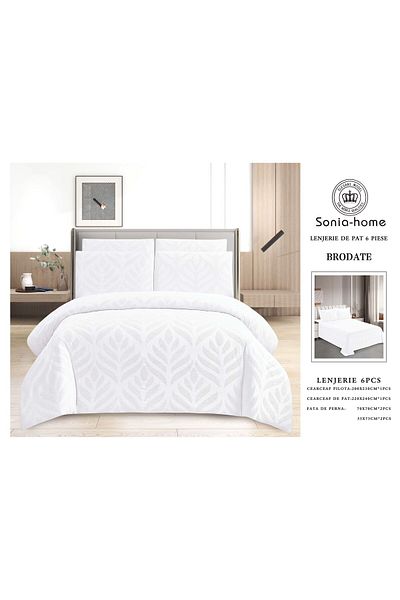 sonia home damasc Embroidered Cotton Bed Linen, Herringbone Design, 6 Pieces - Sonia Home Design - White