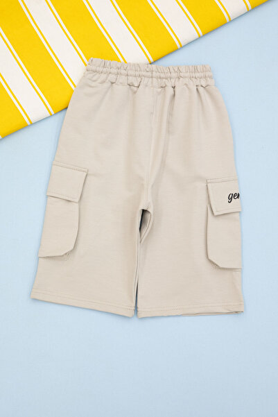 Cansın Mini Krem Cebi Yazı Baskılı Beli Lastikli Erkek Çocuk Şort 21164