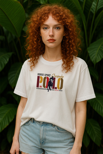 TARZ STİL تي شيرت نسائي ذو قصة أوف سايز بولو مطبوع بأكمام قصيرة 13019