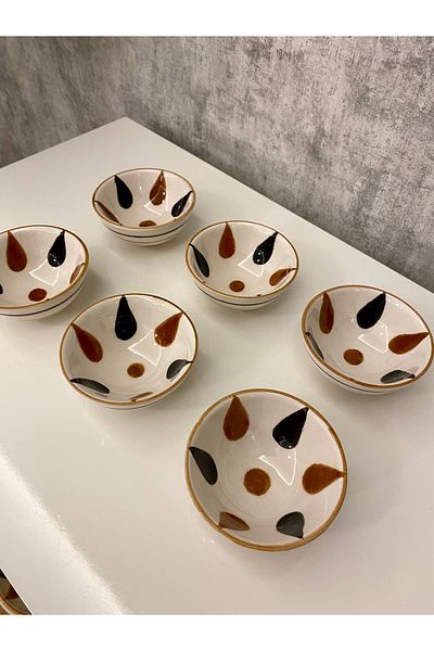 arı çini seramik 6 Pieces Special Handmade Patterned Ceramic Snack Bowl Sauce Bowl Jam Bowl Breakfast Bowl Presentation Bowl