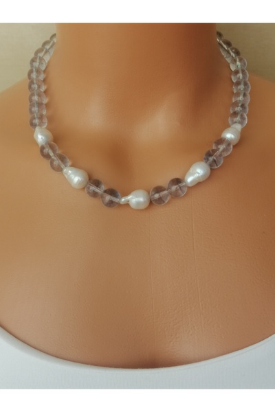 LemaStone Mavi topaz taşı ve doğal gerçek barok inci kolye