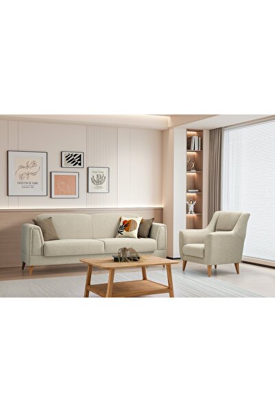 Yuvaset Home Gürün Ahşap Ayaklı Beyaz 3 lü Kanepe