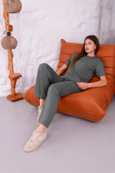 Sfg Life Moda Women's Crew Neck and Lycra High Waist Double Combed Cotton Bottom-Top Set