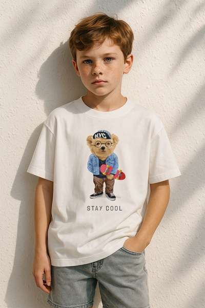 TARZ STİL Boy's Oversize Stay Cool Bear Printed Short Sleeve Trend T-Shirt 16060