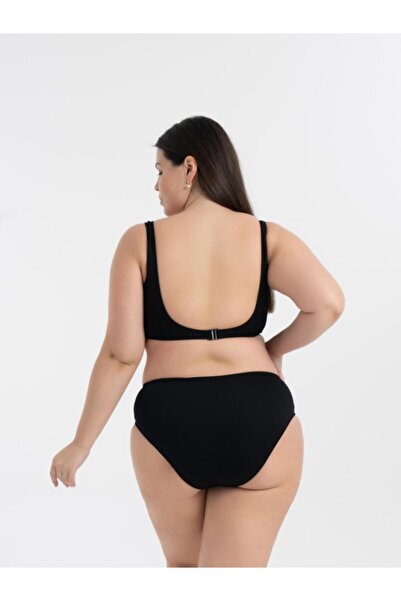 AQUAVİVA Women's Black Ribbed Plus Size Quinn Double Breasted Detailed Gathering Bikini Set