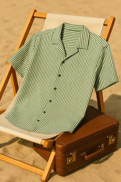 mavisima erkek giyimi Men's Green-White Striped Short Sleeve Summer Shirt – Comfortable Flowing Cool Fabric