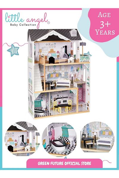 LITTLE ANGEL Kids Wooden Dollhouse Playset W/ Furniture & Accessories