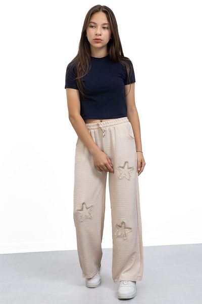 Cansın Mini Beige Star Embroidered Wide Leg Comfortable Fabric Girls' Trousers 21149