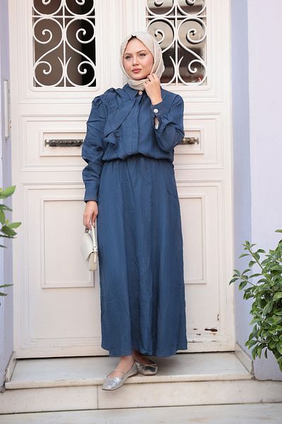 LOCCO Women's Front Ruffle Detailed Double Suit Navy Blue
