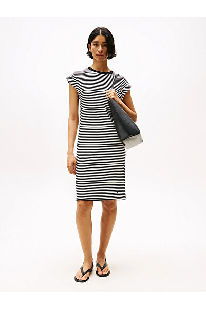 Tommy Hilfiger Kadın Bisiklet Yaka Diz Üstü Çizgili Dar Kesim Siyah Elbise WW...