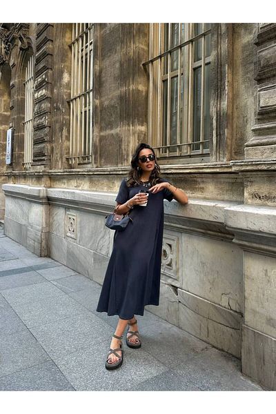 Ecenin Favorileri Rochie lungă casual din bumbac pieptănat