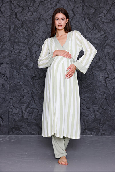 Yulem Homewear Green Striped Strap Maternity Nightgown-Dressing Gown and Pajama Set Set of 4