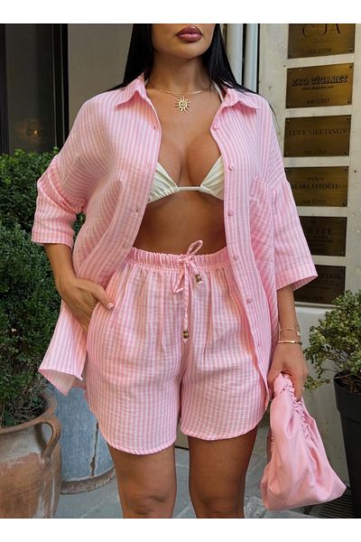 LB Laluna Butik Women's Linen Striped Oversize Shirt Shorts Set