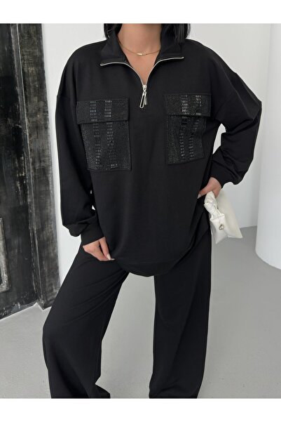 Basicpark Black Women's Oversize Half Zipper Closure Pocket Stone Loose Leg Cotton Knitted Bottom Top Set