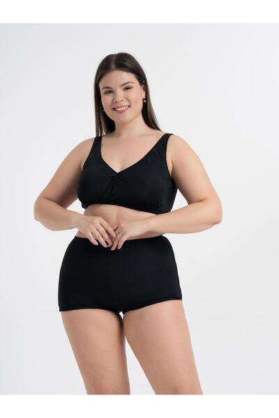 AQUAVİVA Women's Black Plus Size Quinn Double Breasted Detailed Gathered Shorts Bikini Set