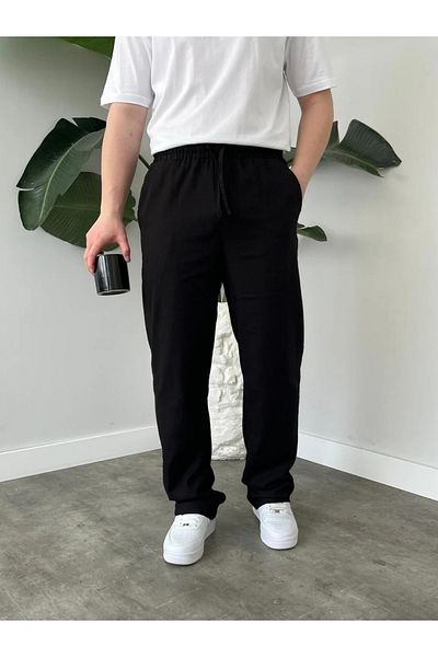 DEEPSENSE Men's Black Summer Muslin Linen Cotton Fabric Relaxed Cut Pantalon