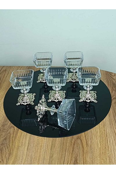 Elta Collection 6 Pieces Metal Leg Silver Detailed Magnolia-Bowl-Ice Cream Bowl-Sugar Bowl-Presentation Bowl