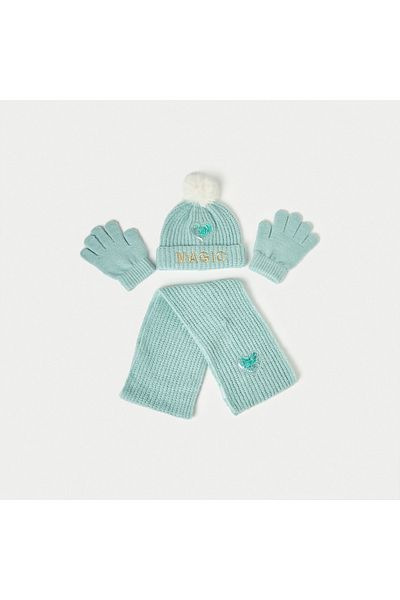 Juniors Heart Embellished Beanie Cap With Gloves And Scarf