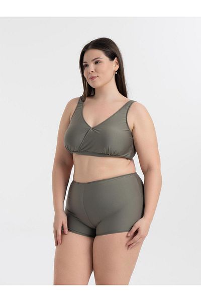 AQUAVİVA Women's Khaki Green Plus Size Quinn Double Breasted Detailed Gathered Shorts Bikini Set