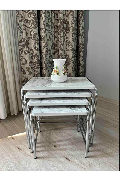 modülare Masa 4'lü Zigon Sehpa Metal Krom Nikel Ayaklı E1 Beyaz Ceviz Tepsi