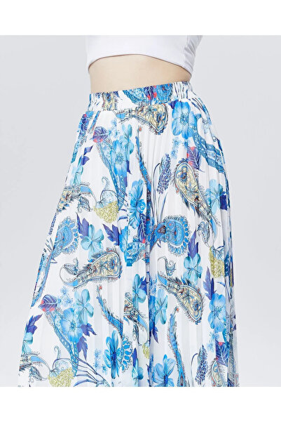 Modabenna Patterned Lined Pleated Chiffon Skirt with Elastic Waist Pleated