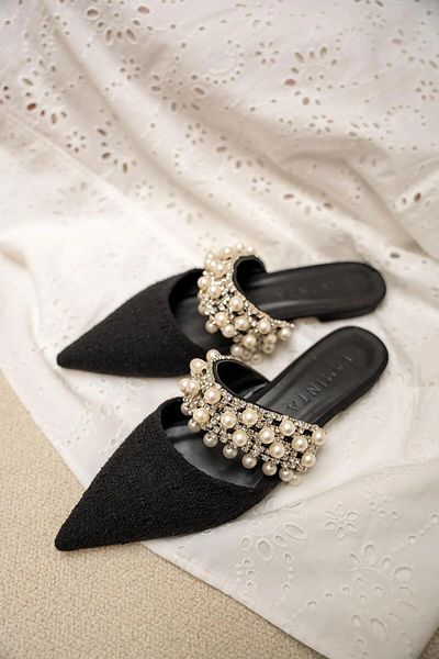 LamintaGlobal Rosi̇e Black Tweed Detail Stone Women's Slippers
