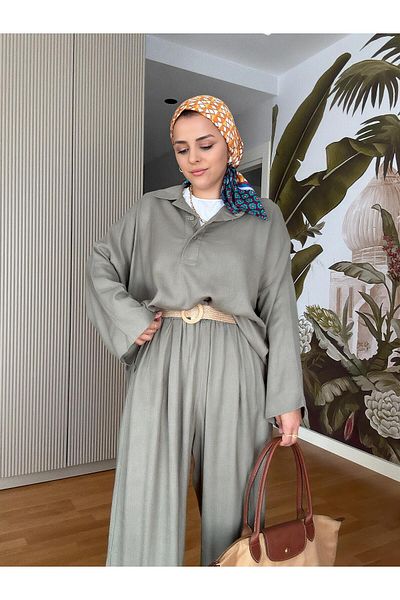 Aselim Hijap Moda 100% Raw Linen Kimono Sleeve Double Set - Green with Straw Belt